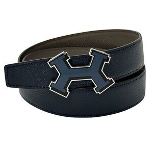 Hermes Belt Street H Leather Navy Gray Reversible